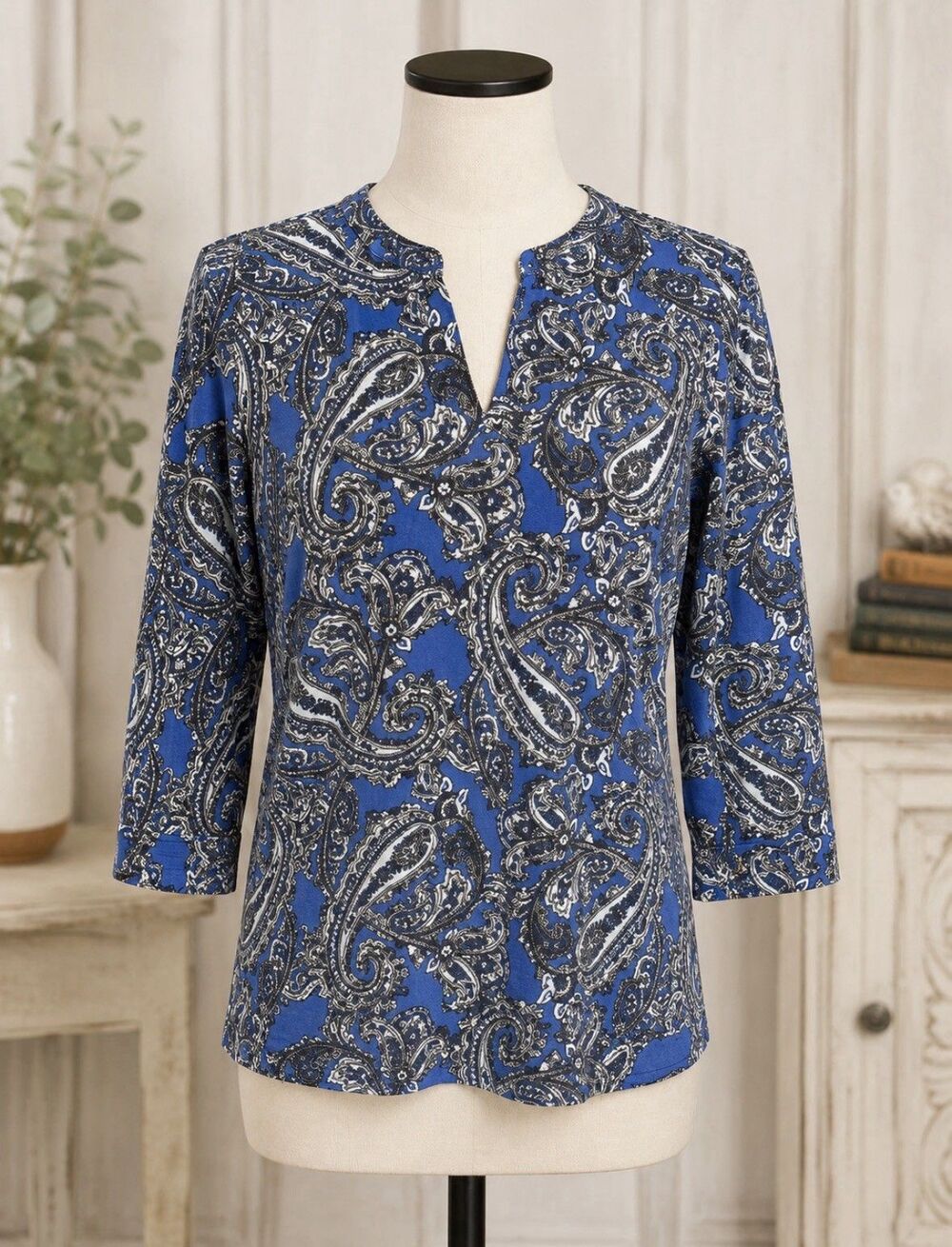 Jones New York Signature S Blue Paisley Stretch Top 3/4 Sleeve 36 Bust 24 L